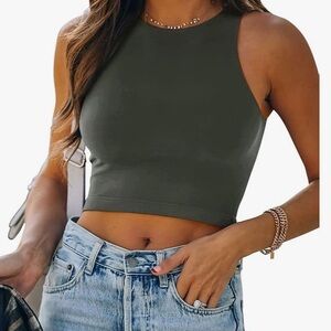 REORIA Women's Sleeveless Halter Neck Double Lined Casual Basic Tank Crop Tops